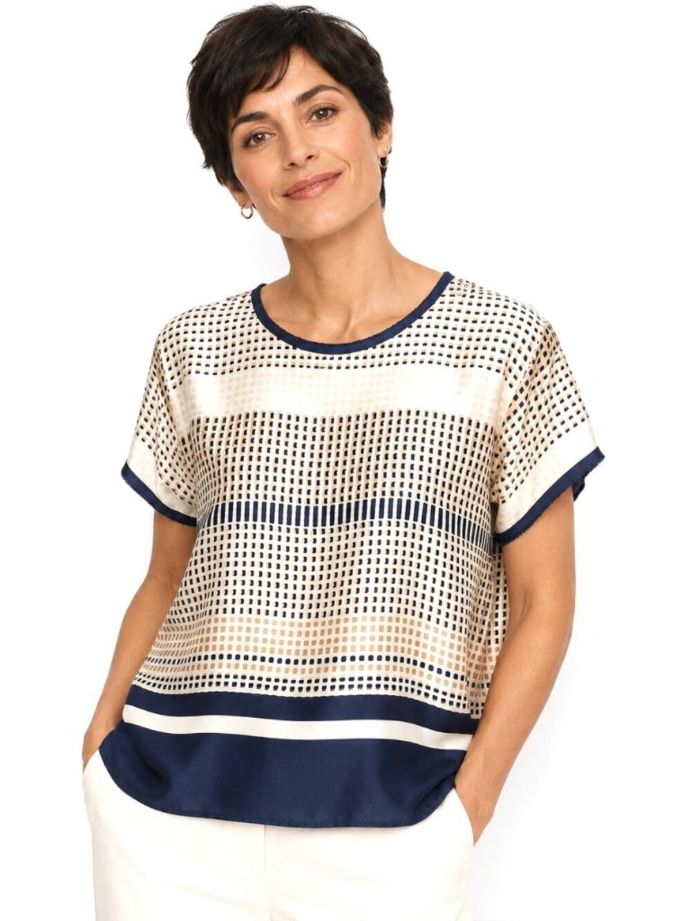 Vince Coastal Navy Blue Silk Short Sleeve Top